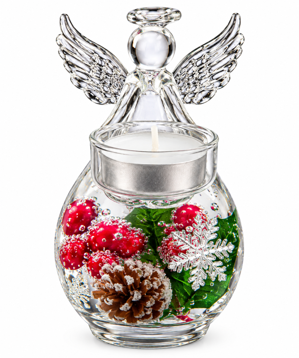 Gilde Dreamlight glass angel Christmas tealight holder, front view on white background