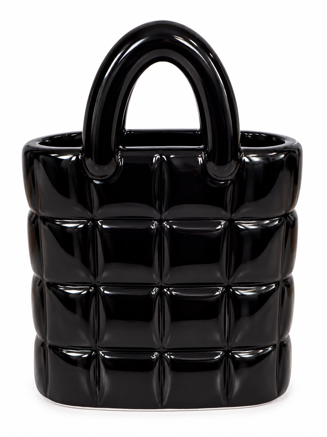 Glossy black quilted ceramic handbag vase on a clean white background