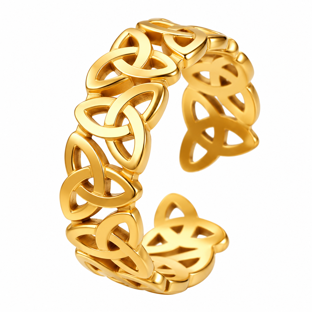 Gold-plated stainless steel Celtic knot open ring on white background