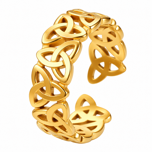 Gold-plated stainless steel Celtic knot open ring on white background
