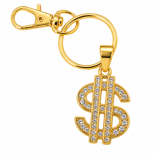 Gold-tone rhinestone dollar sign keychain on white background