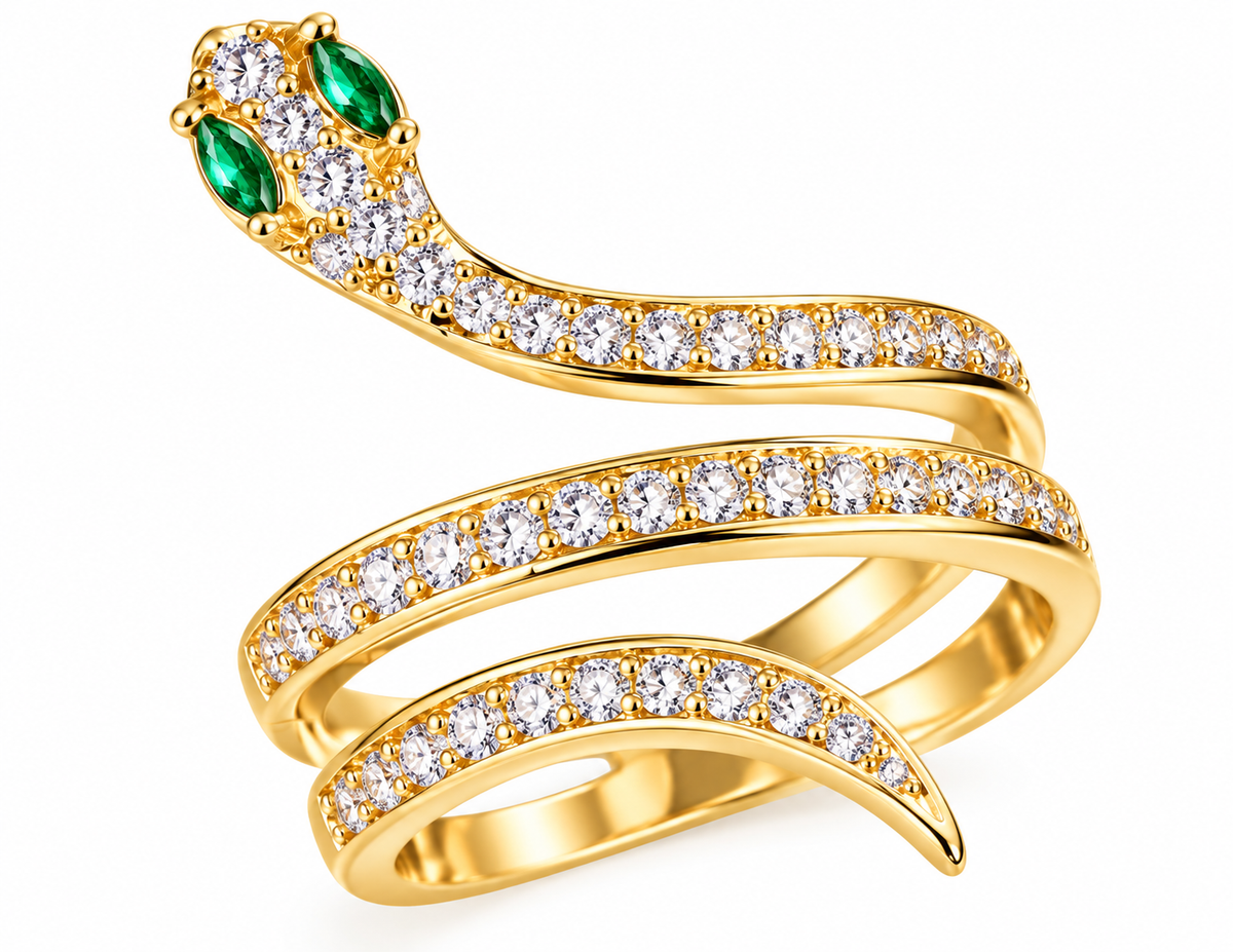 Gold plated copper snake ring with cubic zirconia and green stones