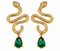 Gold plated snake earrings with green zirconia teardrop stones