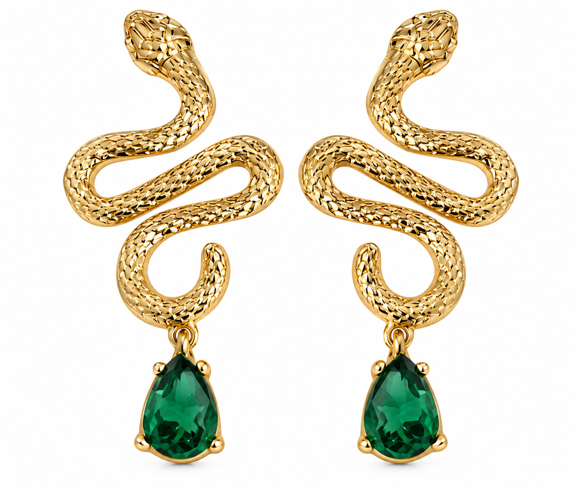 Gold plated snake earrings with green zirconia teardrop stones