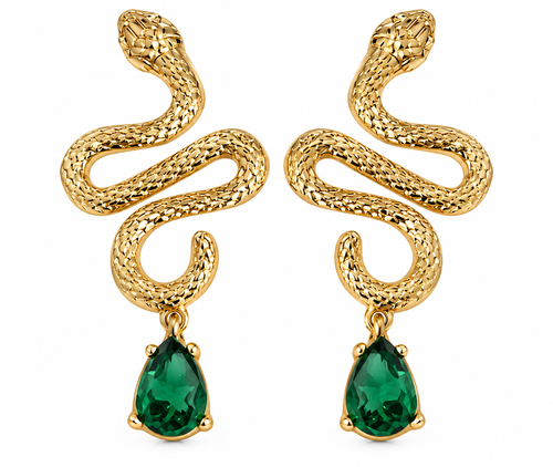 Gold plated snake earrings with green zirconia teardrop stones