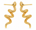 Gold plated snake stud earrings on white background