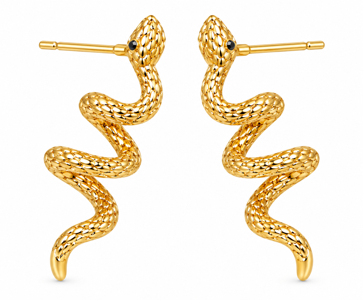 Gold plated snake stud earrings on white background