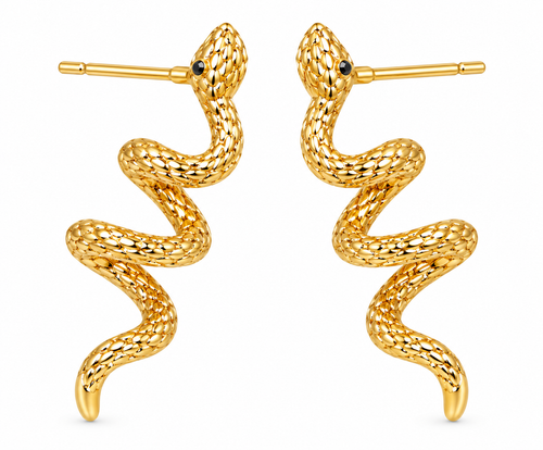 Gold plated snake stud earrings on white background