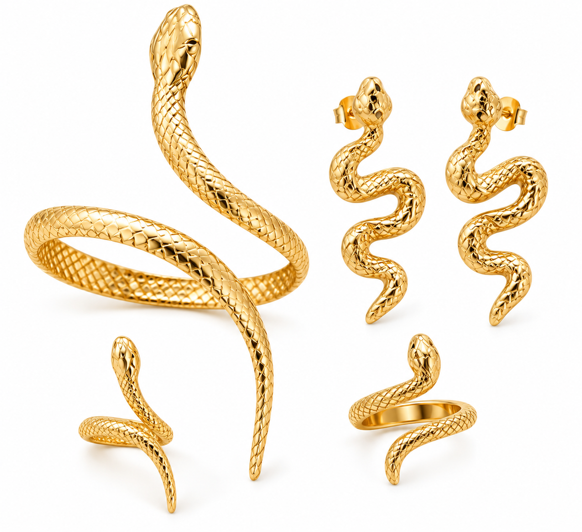 Gold-tone snake jewellery set with arm cuff ring and earrings