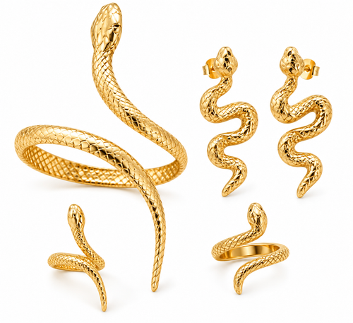 Gold-tone snake jewellery set with arm cuff ring and earrings