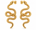 Gold snake statement earrings with gold plated posts on white background