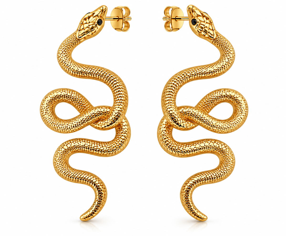 Gold snake statement earrings with gold plated posts on white background