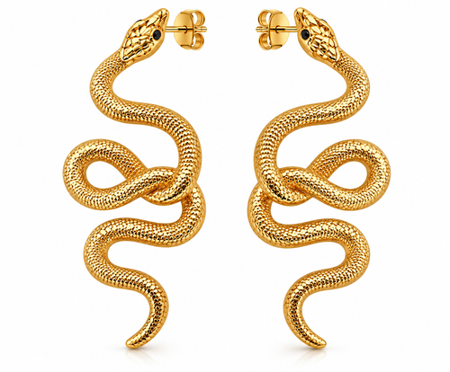 Gold snake statement earrings with gold plated posts on white background
