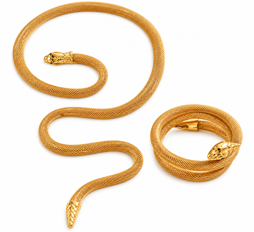 Gold snake wrap necklace and bracelet on white background