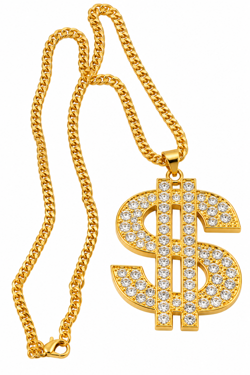 Gold-tone dollar sign necklace with sparkling crystal pendant