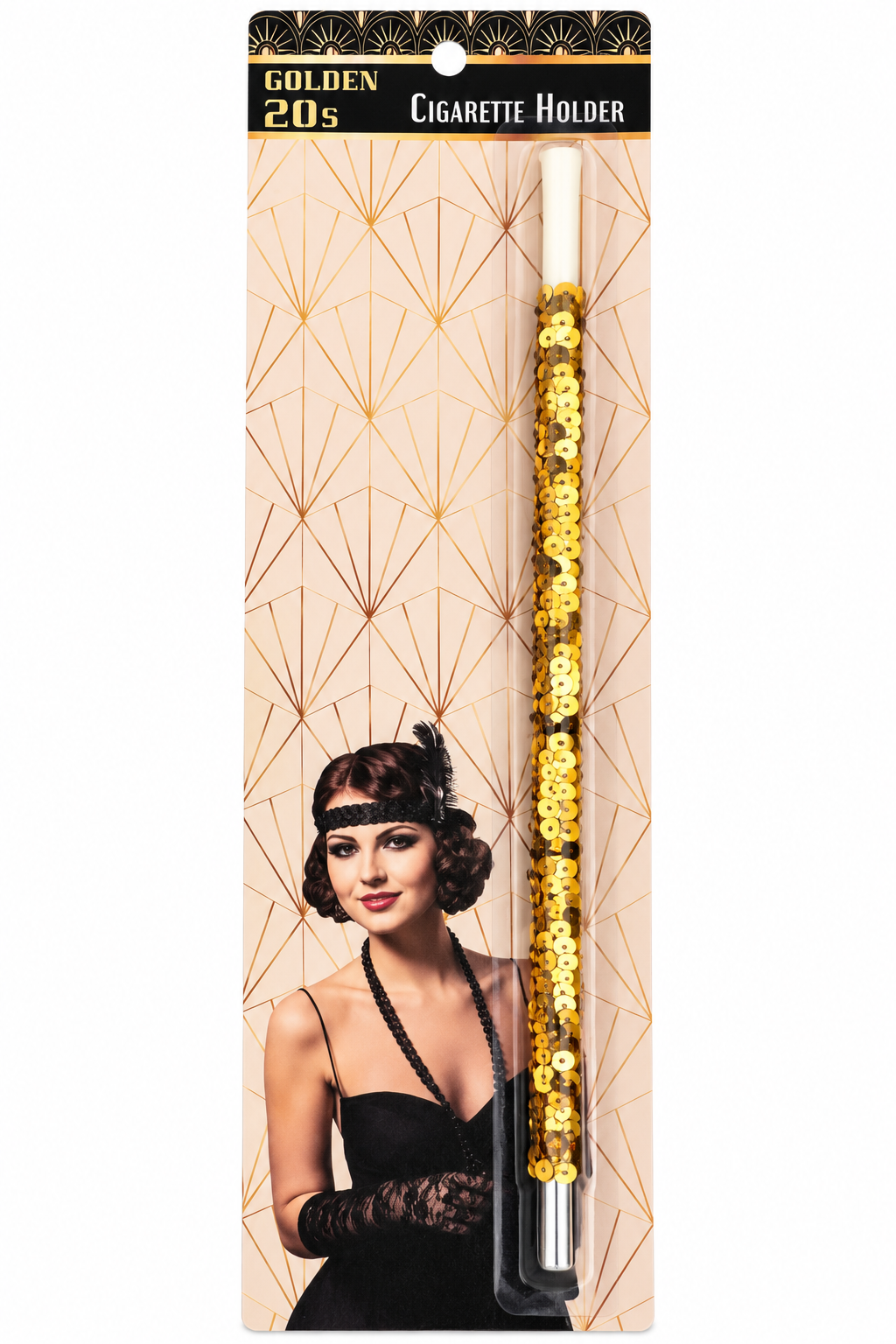 Golden 20s gold sequin costume cigarette holder on white background