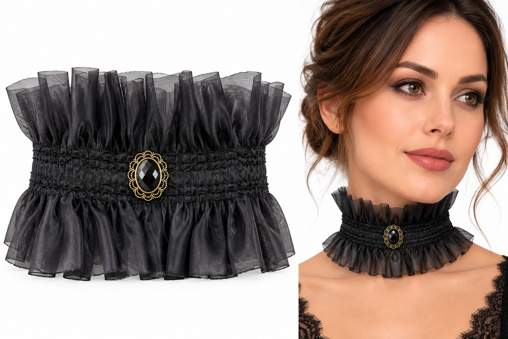 Gothic choker worn by model