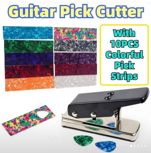 Guitar pick punch cutter with 10 multicolour celluloid pick strips