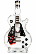 Guitar-shaped glass decanter on white background