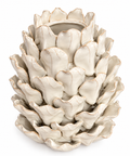Handcrafted ivory glazed artichoke-shaped ceramic vase on white background