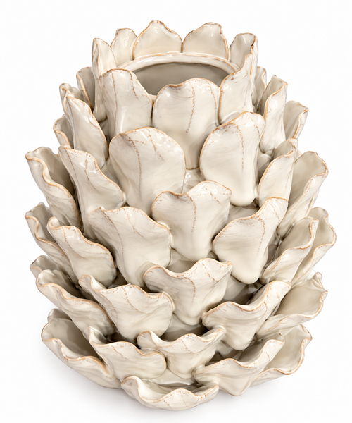 Handcrafted ivory glazed artichoke-shaped ceramic vase on white background