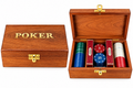 Handcrafted wooden poker set with playing cards and chips