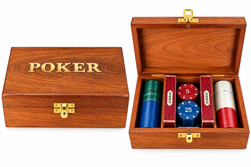 Handcrafted wooden poker set with playing cards and chips