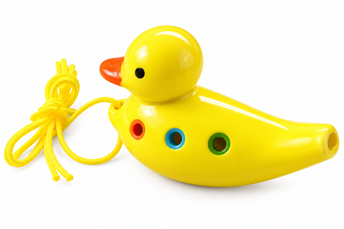 Yellow handmade ceramic duck ocarina musical whistle with lanyard on white background