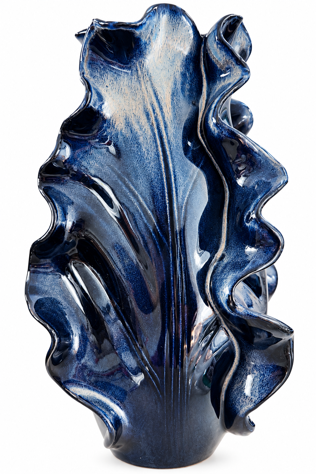 Handmade dark blue glazed sculptural pottery vase, approximately 40 cm tall