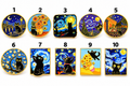 Black cat enamel pins numbered 1 to 10 on white background