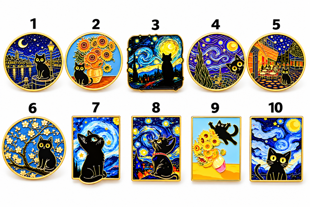 Black cat enamel pins numbered 1 to 10 on white background