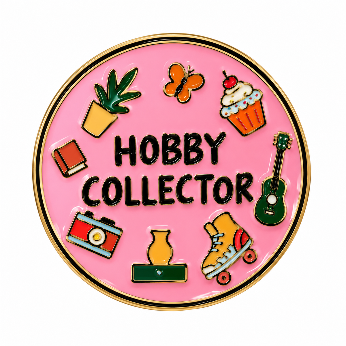 Pink Hobby Collector round enamel metal pin, 3 cm