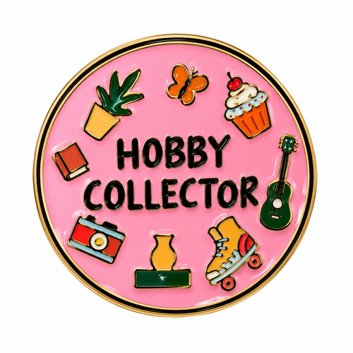 Pink Hobby Collector round enamel metal pin, 3 cm