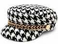 Black and white houndstooth tweed nautical cap with gold chain