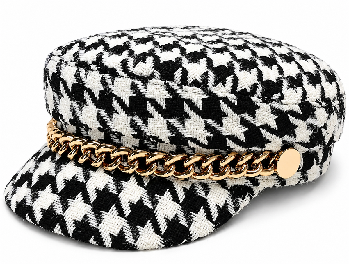 Black and white houndstooth tweed nautical cap with gold chain