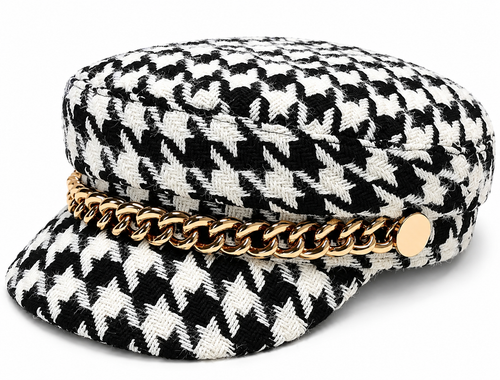 Black and white houndstooth tweed nautical cap with gold chain