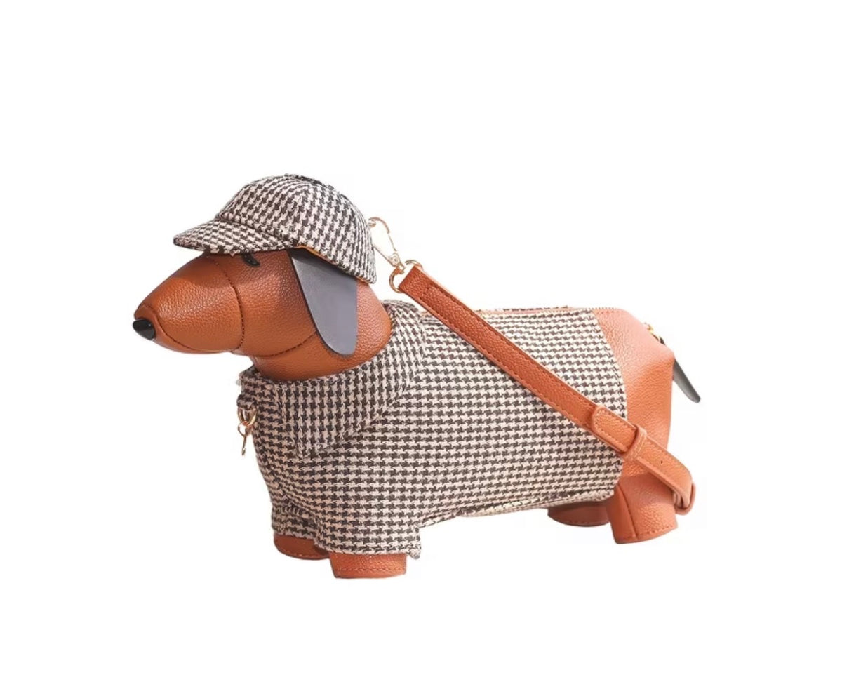 Houndstooth dachshund handbag with matching cap