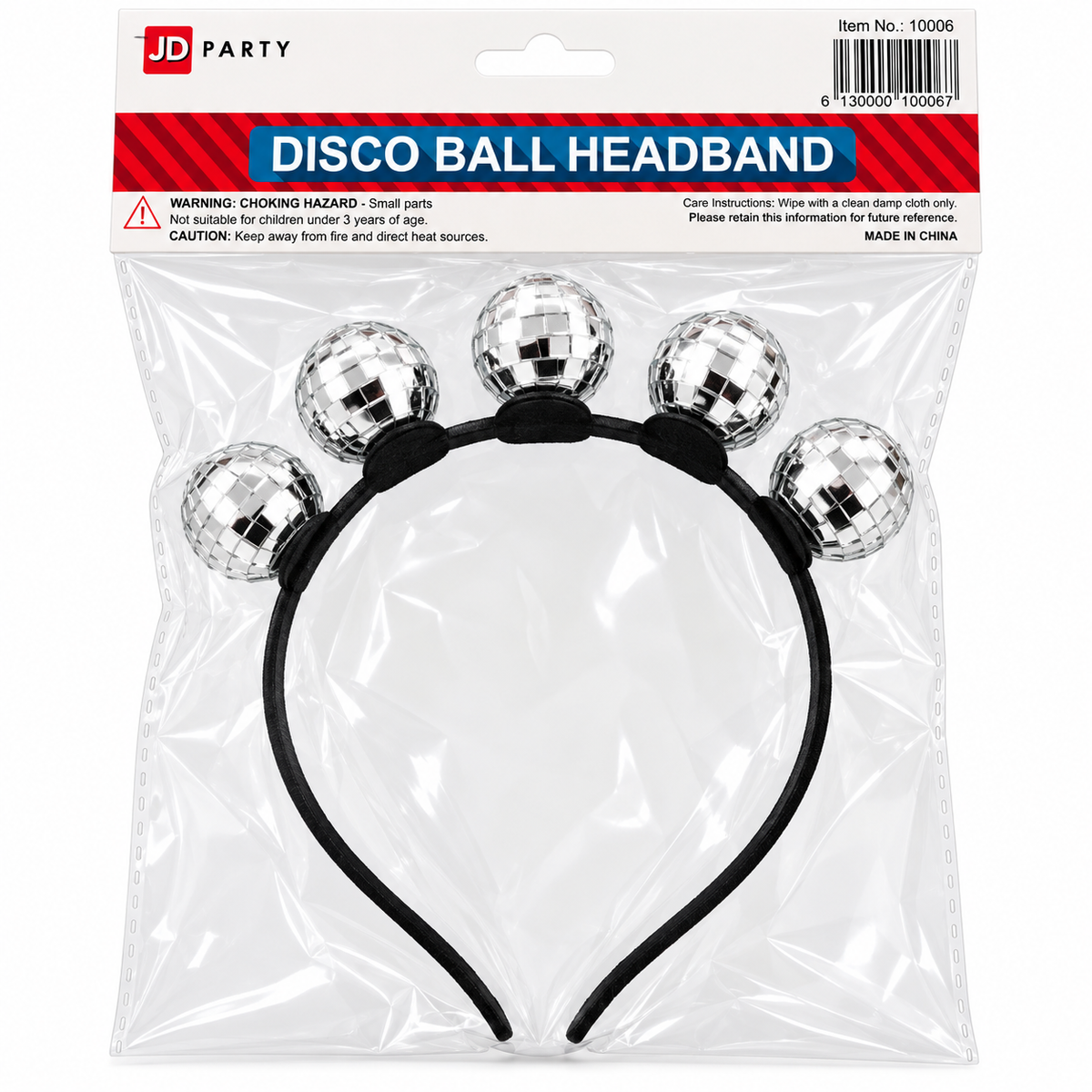 JD Party disco ball headband on white background