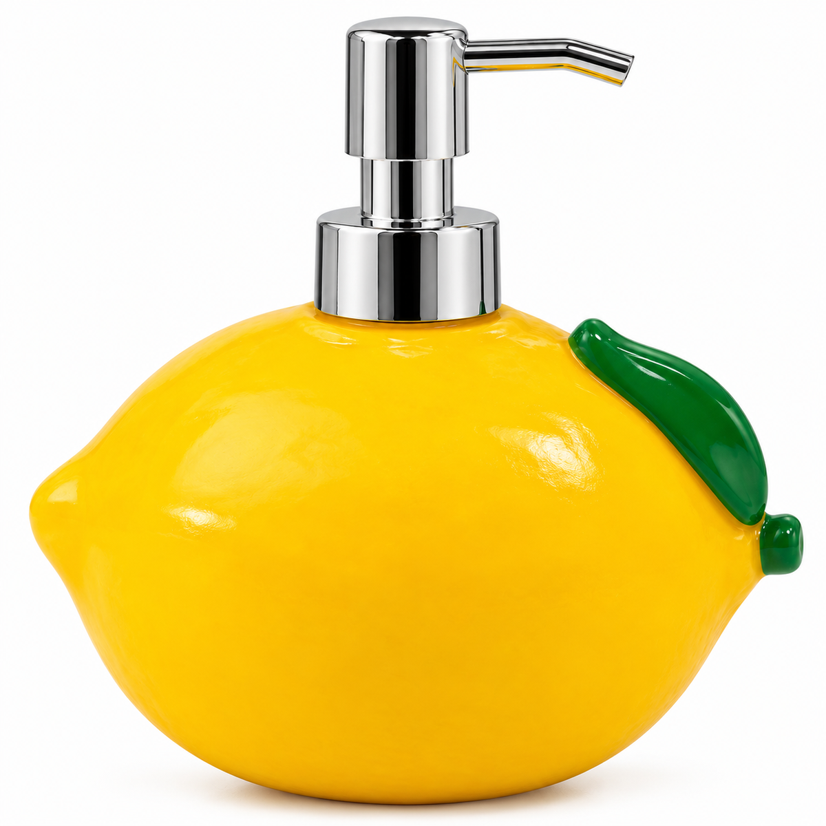 Lemon-shaped resin soap dispenser white background