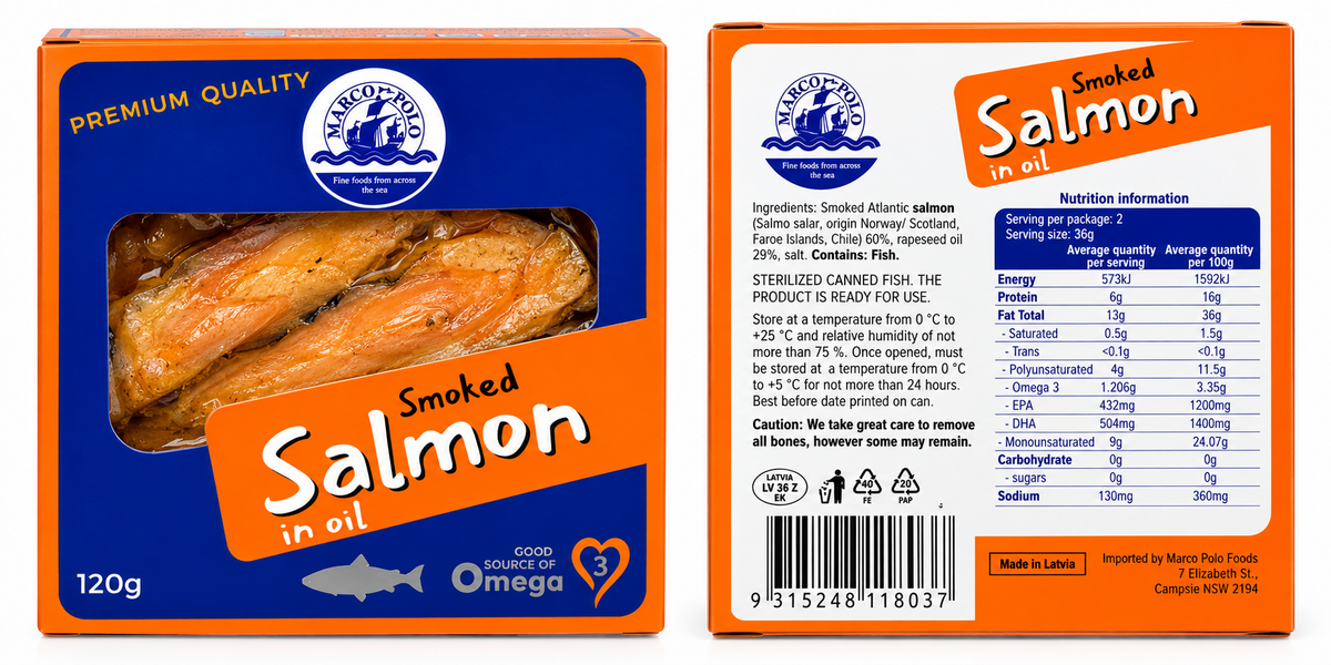 Marco Polo Smoked Salmon in Oil 120g front and back