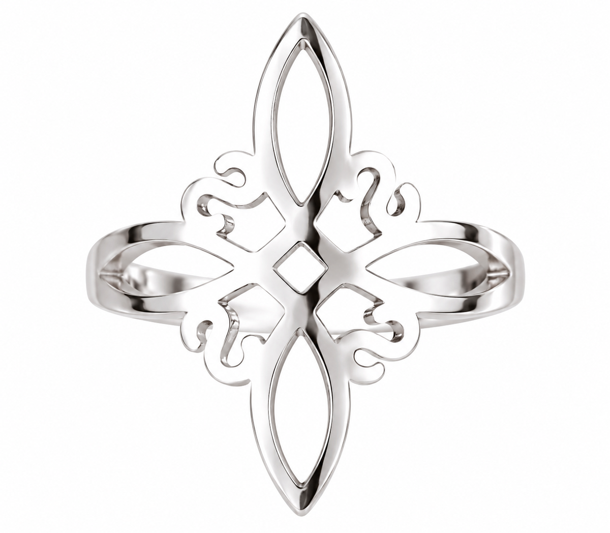 Hollow openwork Miko knot stainless steel adjustable ring on white background