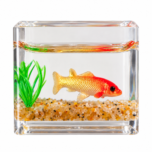 Tiny acrylic fish tank with goldfish and plants