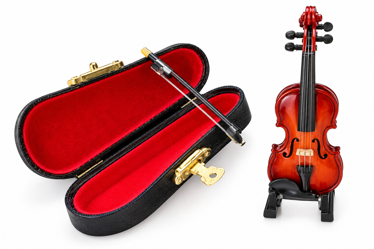 Handcrafted miniature violin with case bow and display stand