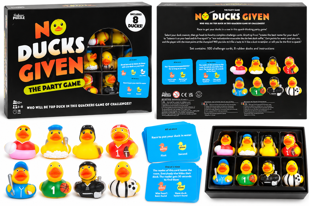 No Ducks Given party game front and rear packaging, eight ducks and challenge cards on white background