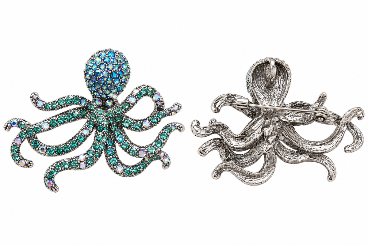 Front and back of turquoise crystal octopus brooch and pendant