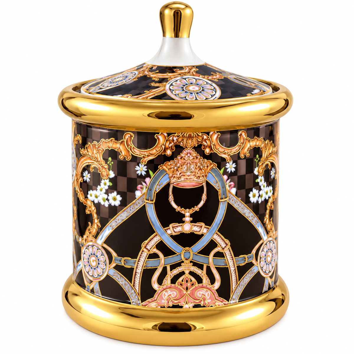 Ornate black and gold ceramic jar with lid, 15cm