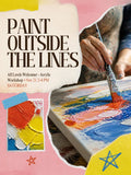 Paint Outside the Lines workshop cover with colourful acrylic painting collage — Saturday 21 November 2026