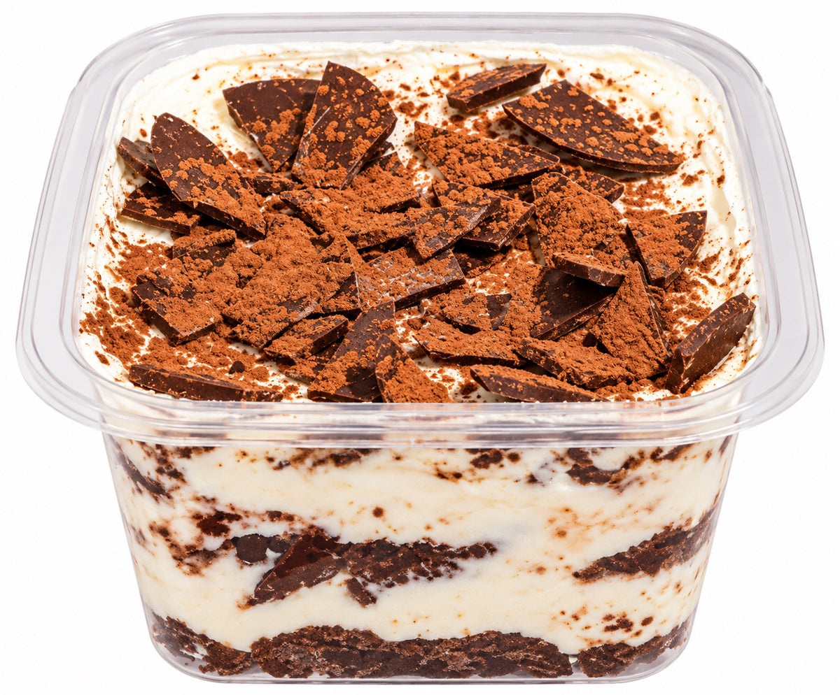 Mocha chocolate cake dessert tub with layered icing, cocoa dusting and chocolate shards