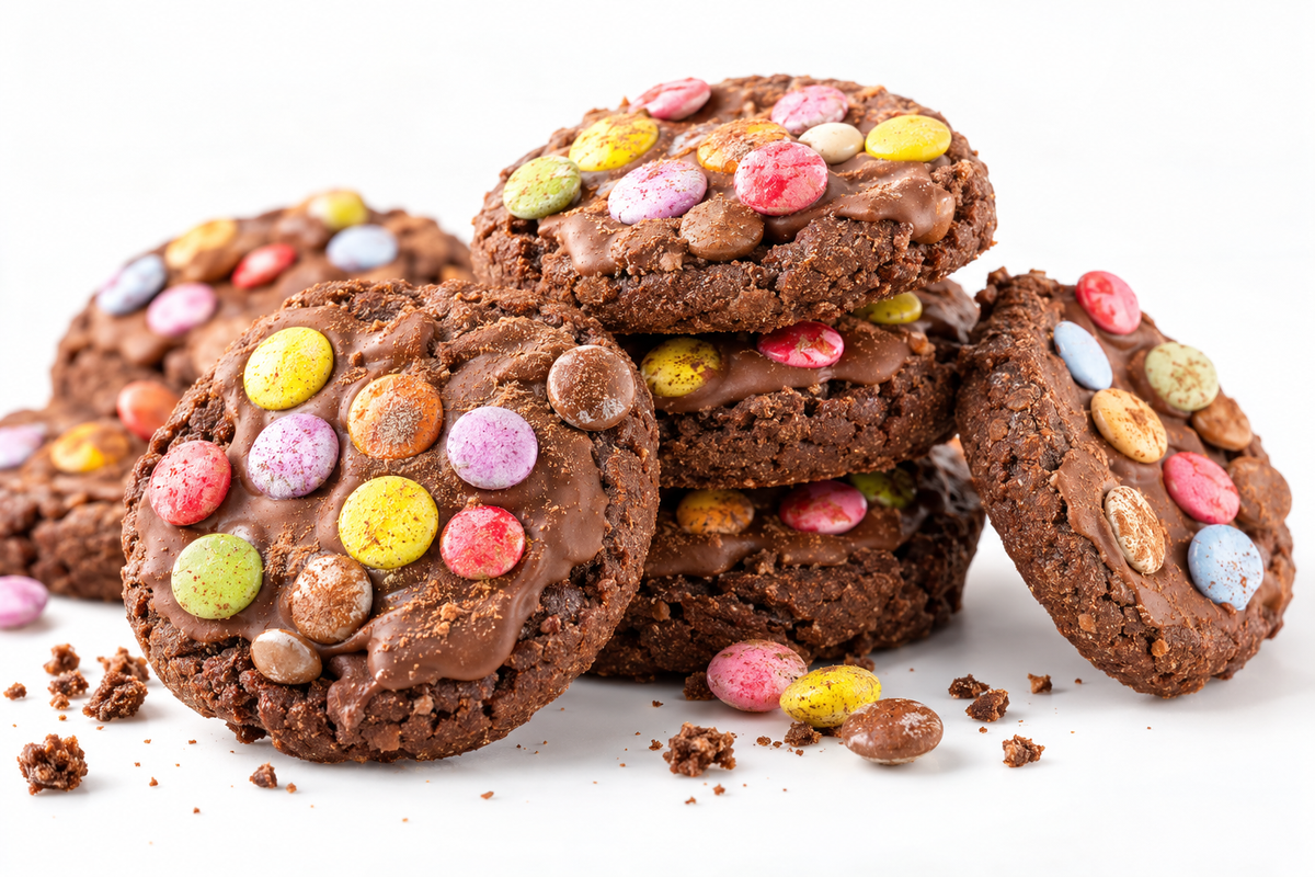 Rainbow chocolate cookies, gluten-free and no added sugar, white-background studio photo