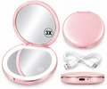 Pale pink rechargeable LED compact makeup mirror with 3x magnification and USB-C charging cable